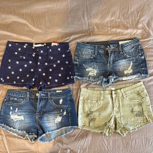 Set of Blue, Sage, and Starred Distressed Jean Shorts with Frayed Hem-Size Small